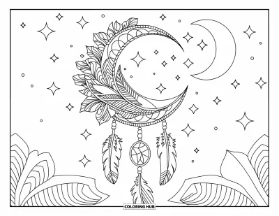 Desen de colorat cu prinzătoare de vise cu lună pentru adulți: Un prinzător de vise lunar este înconjurat de o mandalā florală sub un cer plin de stele