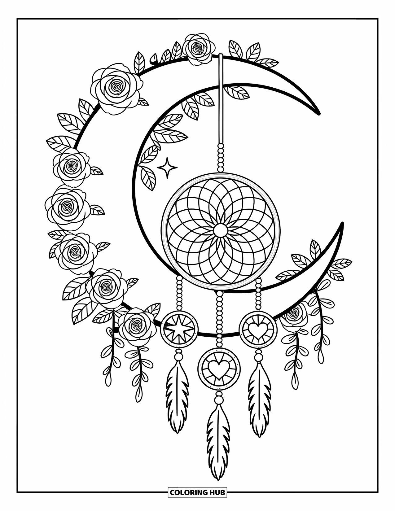Moon Dream Catcher Coloring Page for Adults: A moon framed in roses holds a dream catcher with heart, star, and flower charms