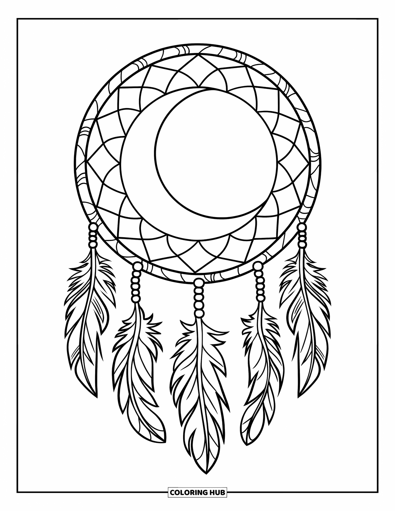 Moon Dream Catcher Coloring Page for Adults: A moon sits inside a mandala dream catcher with delicate vines and soft feathers