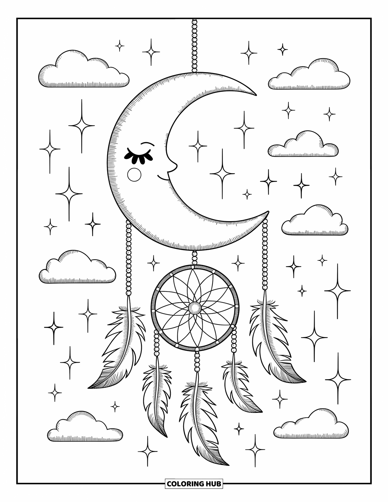 Moon Dream Catcher Coloring Page for Adults: A soft moon and dream catcher float among clouds in a peaceful night sky