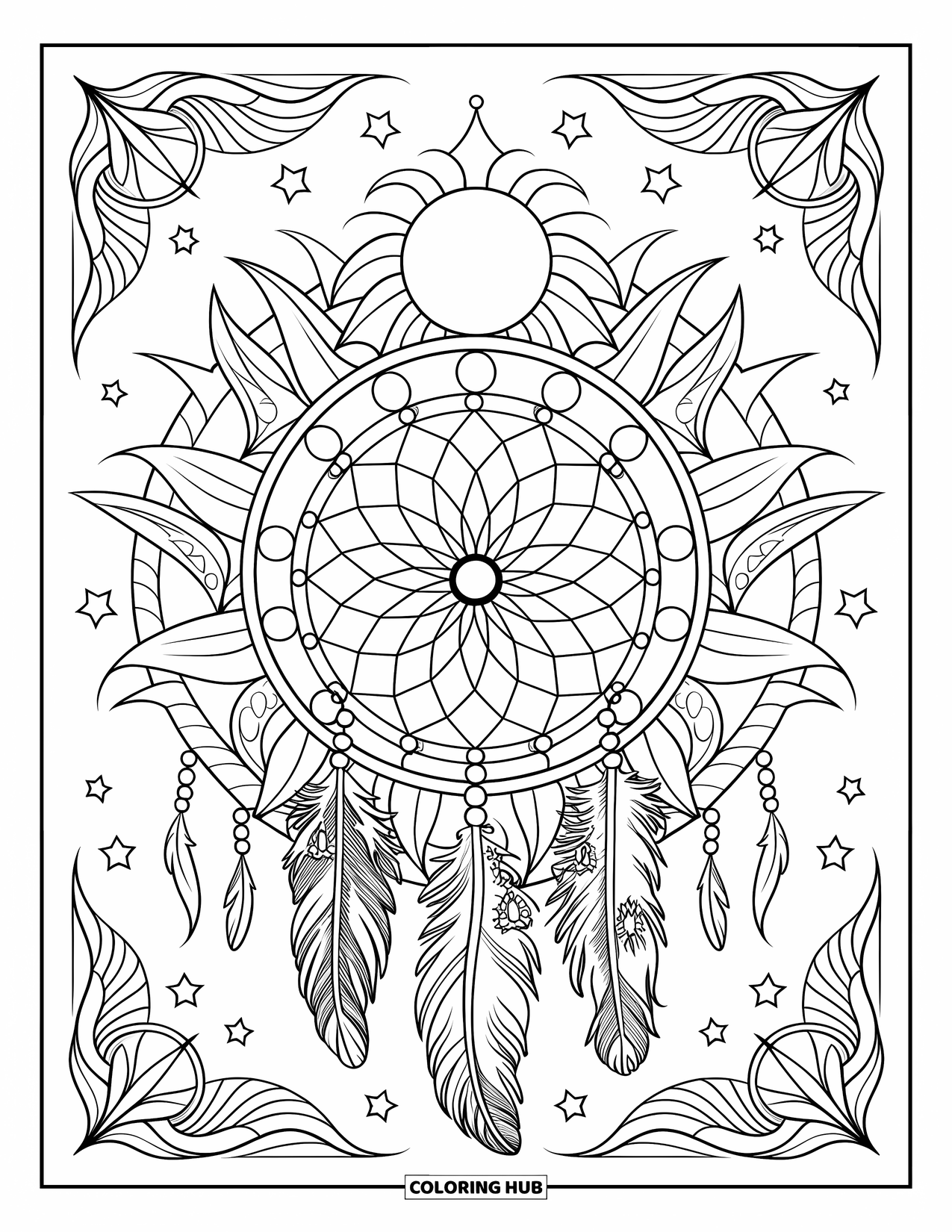 Moon Dream Catcher Coloring Page for Adults: A vine-wrapped dream catcher glows inside a mandala full of moons and stars