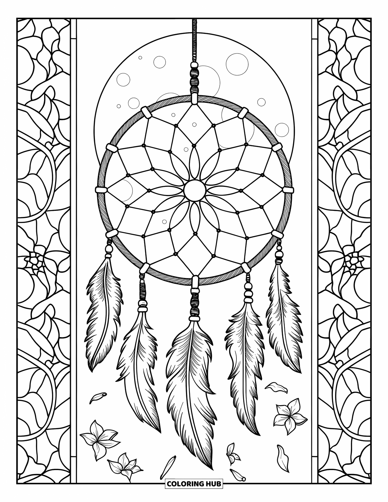 Moon Dream Catcher Coloring Page for Adults: Blossoms float near a moonlit dream catcher framed by stained glass windows