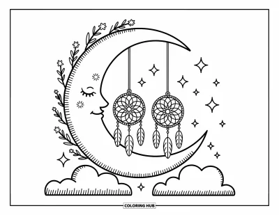 Desen de colorat cu prinzătoare de vise cu lună pentru adulți: Prinzătoarele de vise atârnă ca un leagăn dintr-o lună luminoasă printre nori și stele