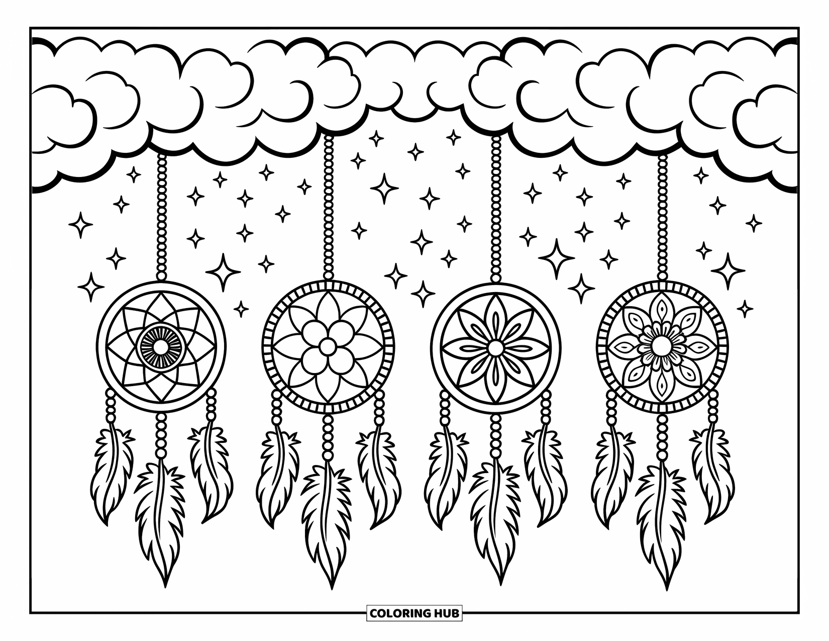 Moon Dream Catcher Coloring Page for Adults: Dream catchers sway below soft clouds and stars in a cozy night sky