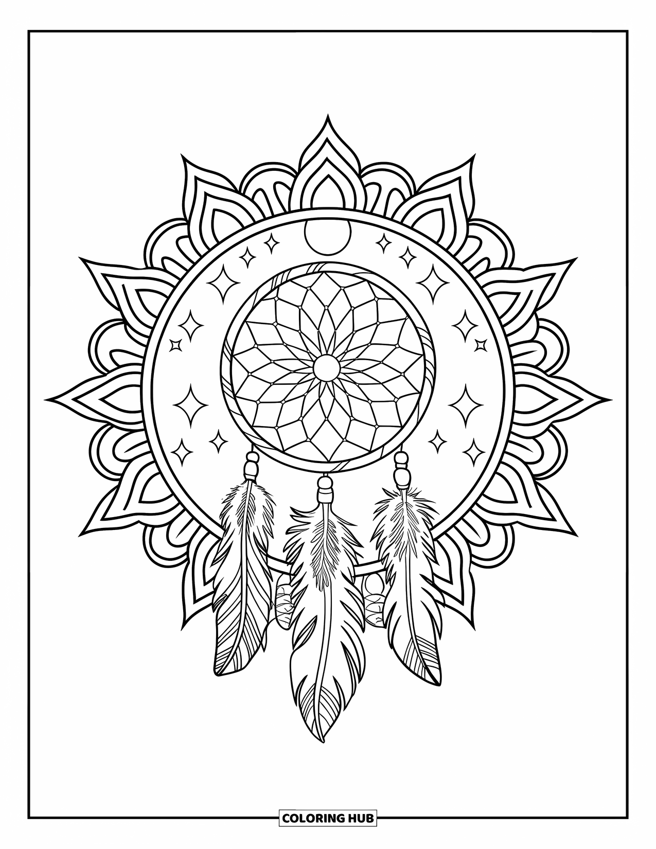 Moon Dream Catcher Coloring Page for Adults: Feathered vines frame a dream catcher at the heart of a starry mandala