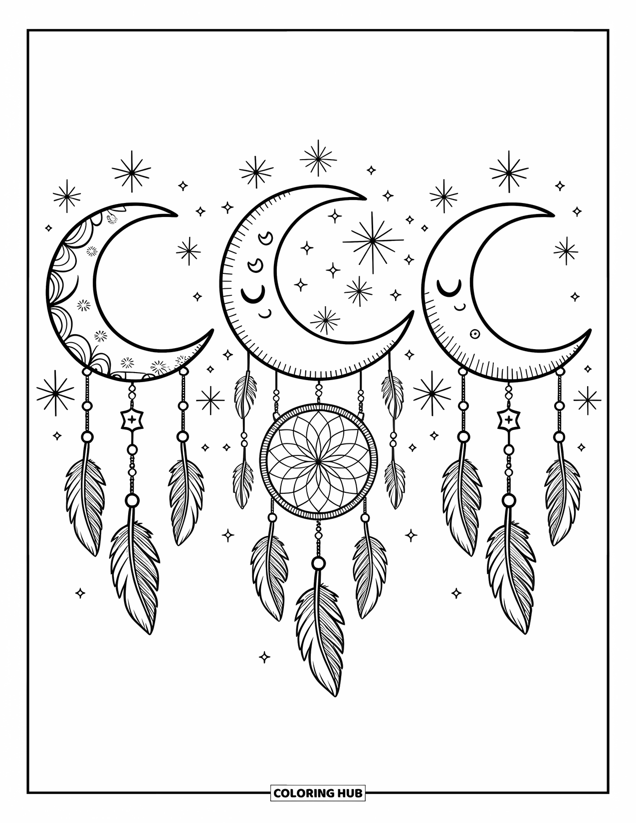 Moon Dream Catcher Coloring Page for Adults: Three moon phases hang across the sky with a dream catcher in the center