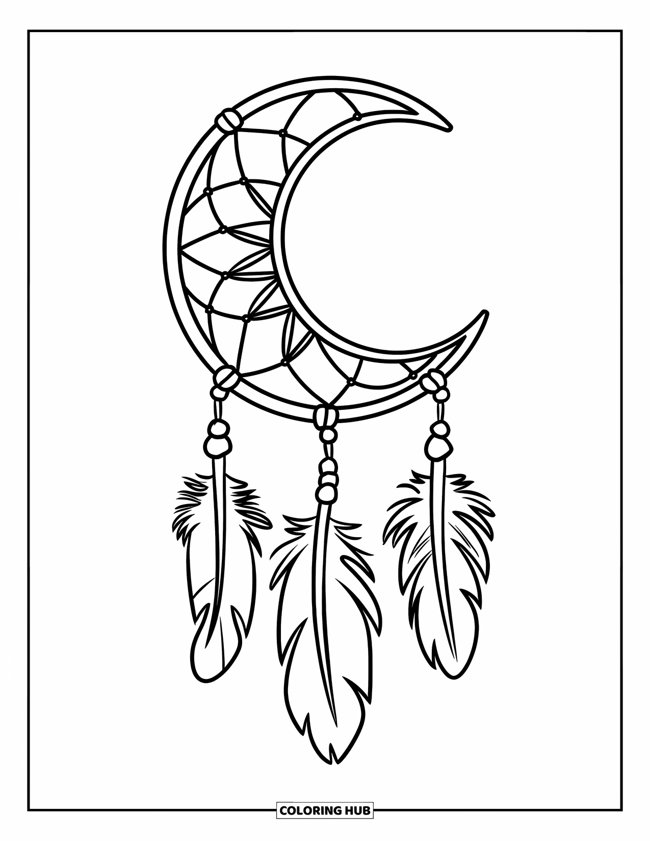 Moon Dream Catcher Coloring Page for Kids: A basic crescent dream catcher has three feathers and a playful, bold style
