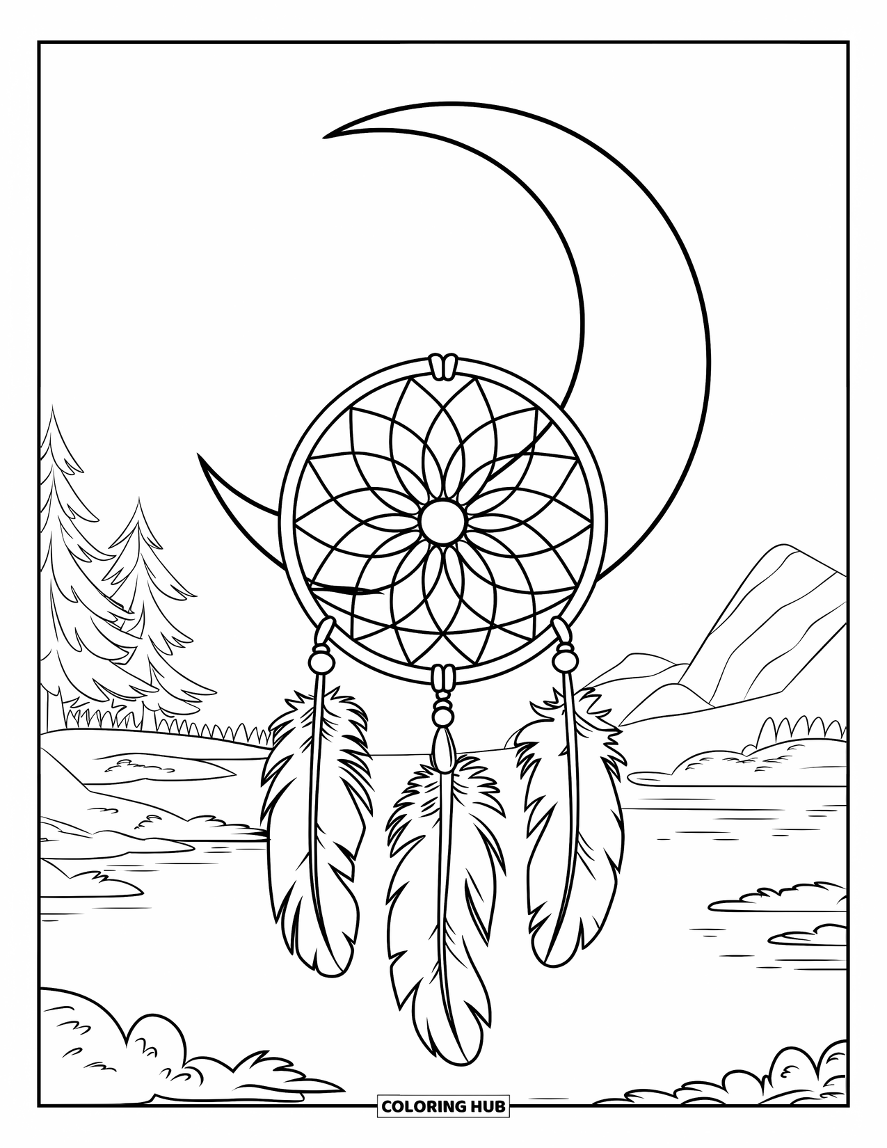 Moon Dream Catcher Coloring Page for Kids: A basic moon and dream catcher float above a calm lake and hills