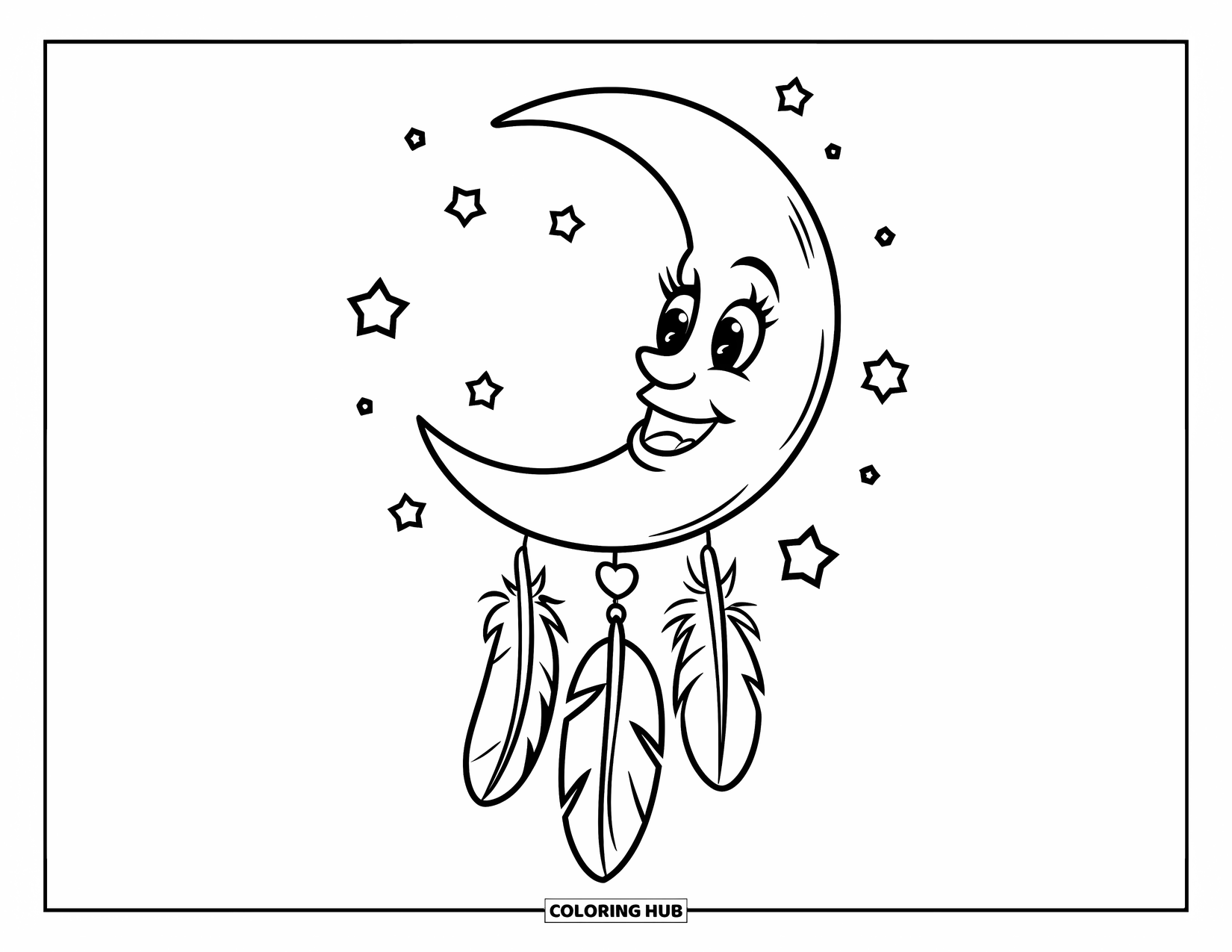 Moon Dream Catcher Coloring Page for Kids: A cheerful moon with a heart bead and feathers smiles in a starry sky