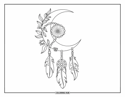 Desen de colorat cu prinzătoare de vise cu lună pentru copii: O semilună cuprinde un prinzător de vise floral cu pene delicate și mărgele