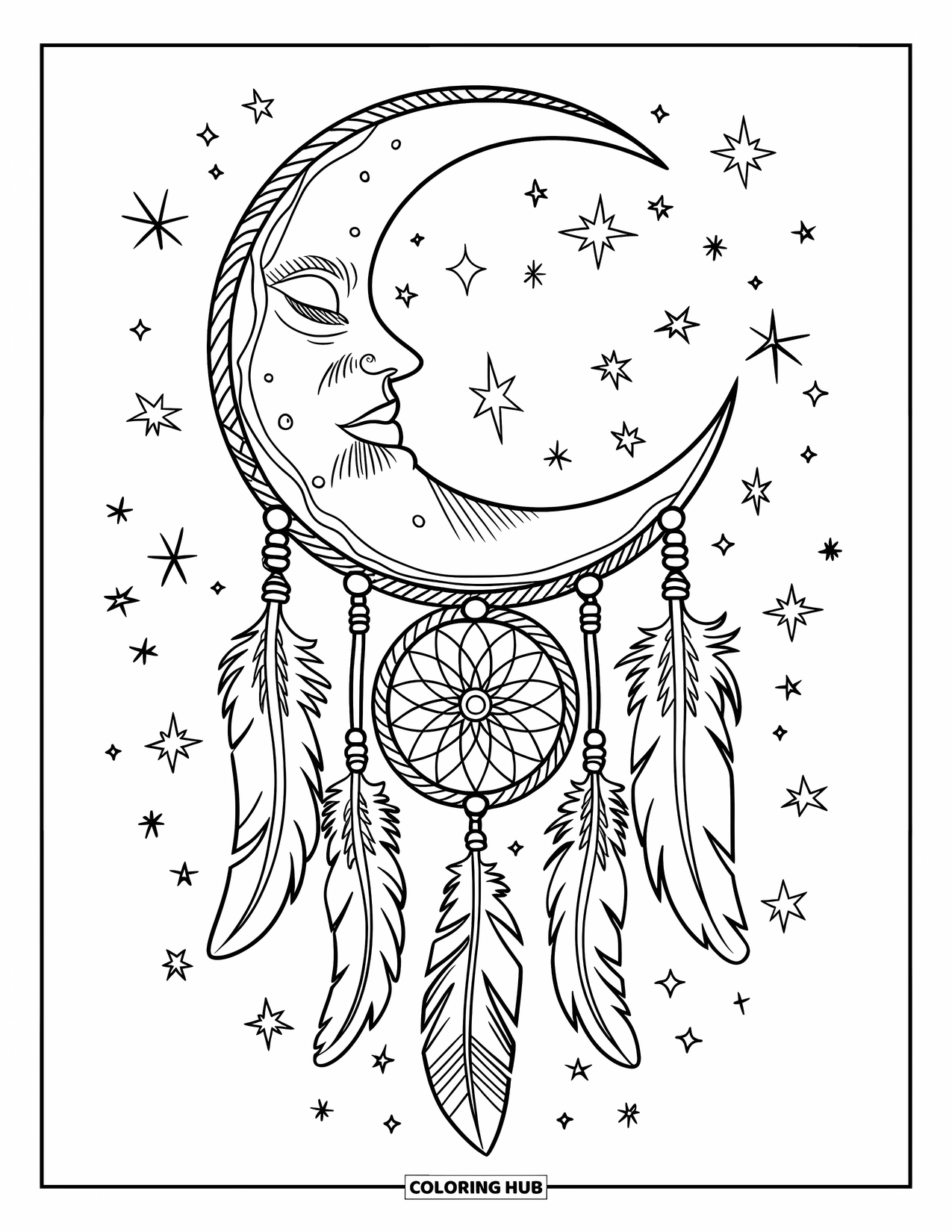Moon Dream Catcher Coloring Page for Kids: A crescent moon shines beside a dream catcher with long feather tassels