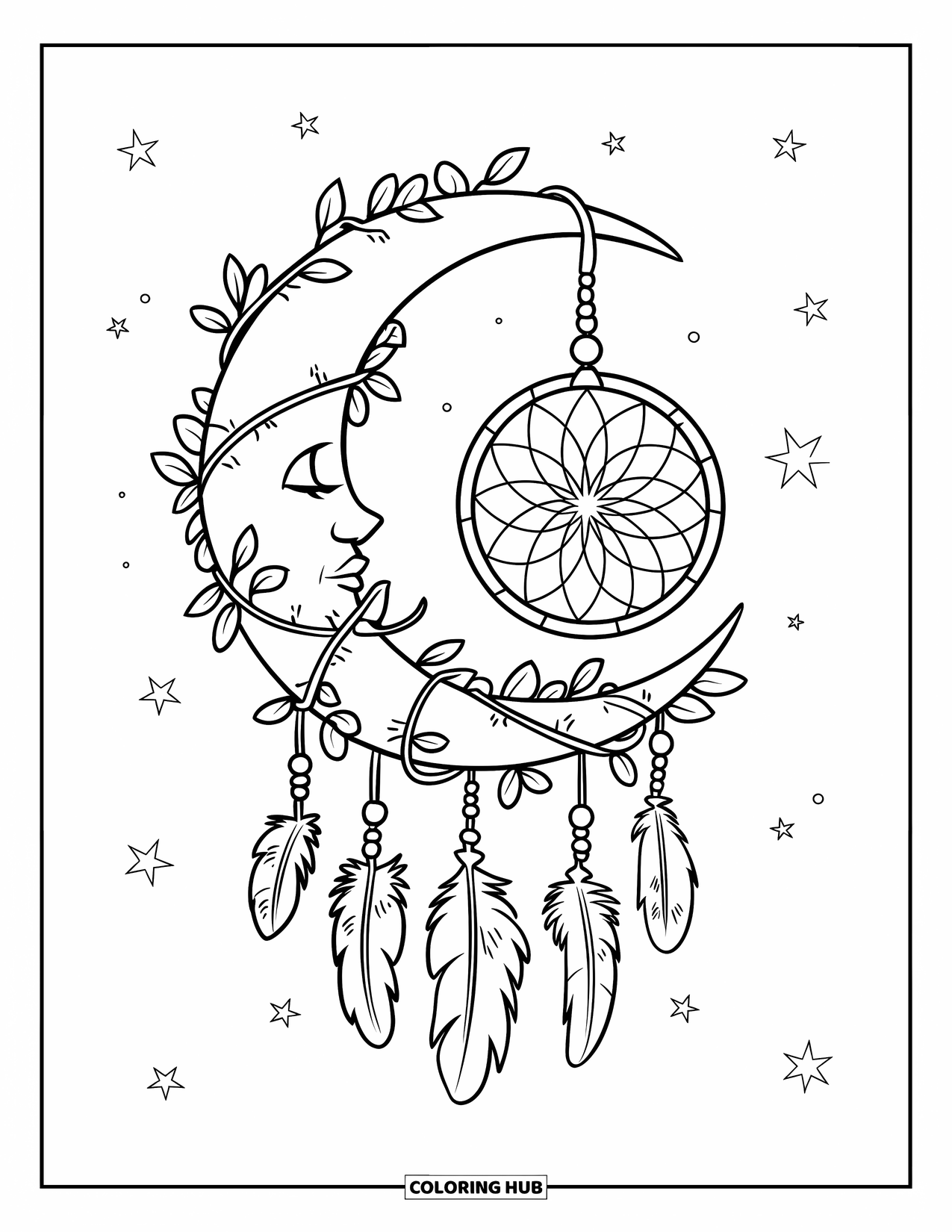 Moon Dream Catcher Coloring Page for Kids: A crescent moon wrapped in vines holds a feathered dream catcher