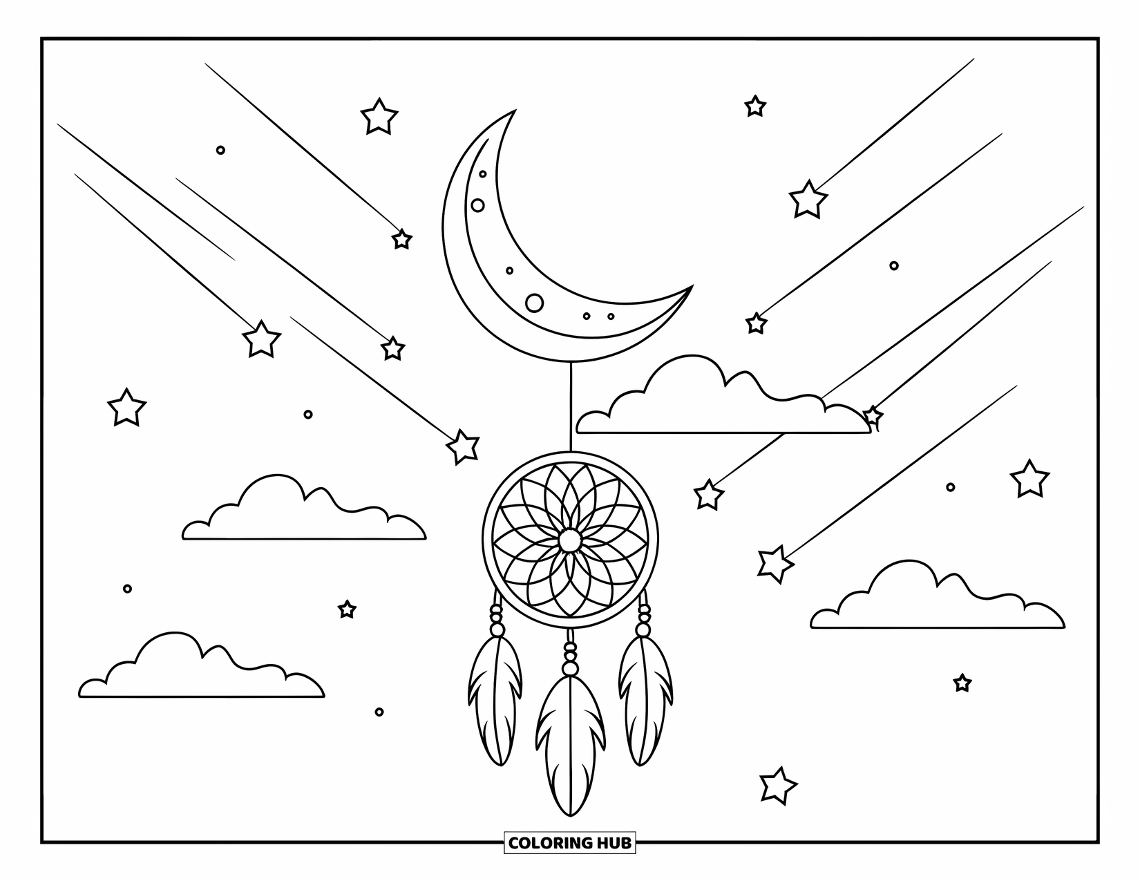 Moon Dream Catcher Coloring Page for Kids: A dream catcher floats in a starry sky with clouds and shooting stars
