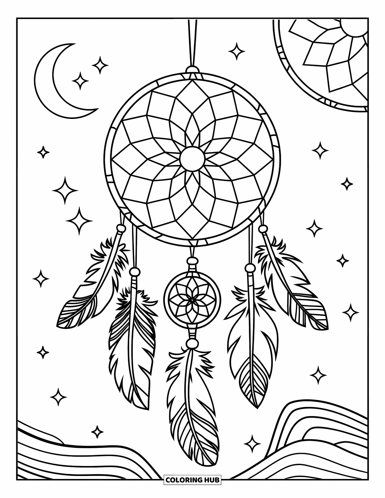 Moon Dream Catcher Coloring Page for Kids: A dream catcher floats with spiraling feathers and moon patterns in the sky