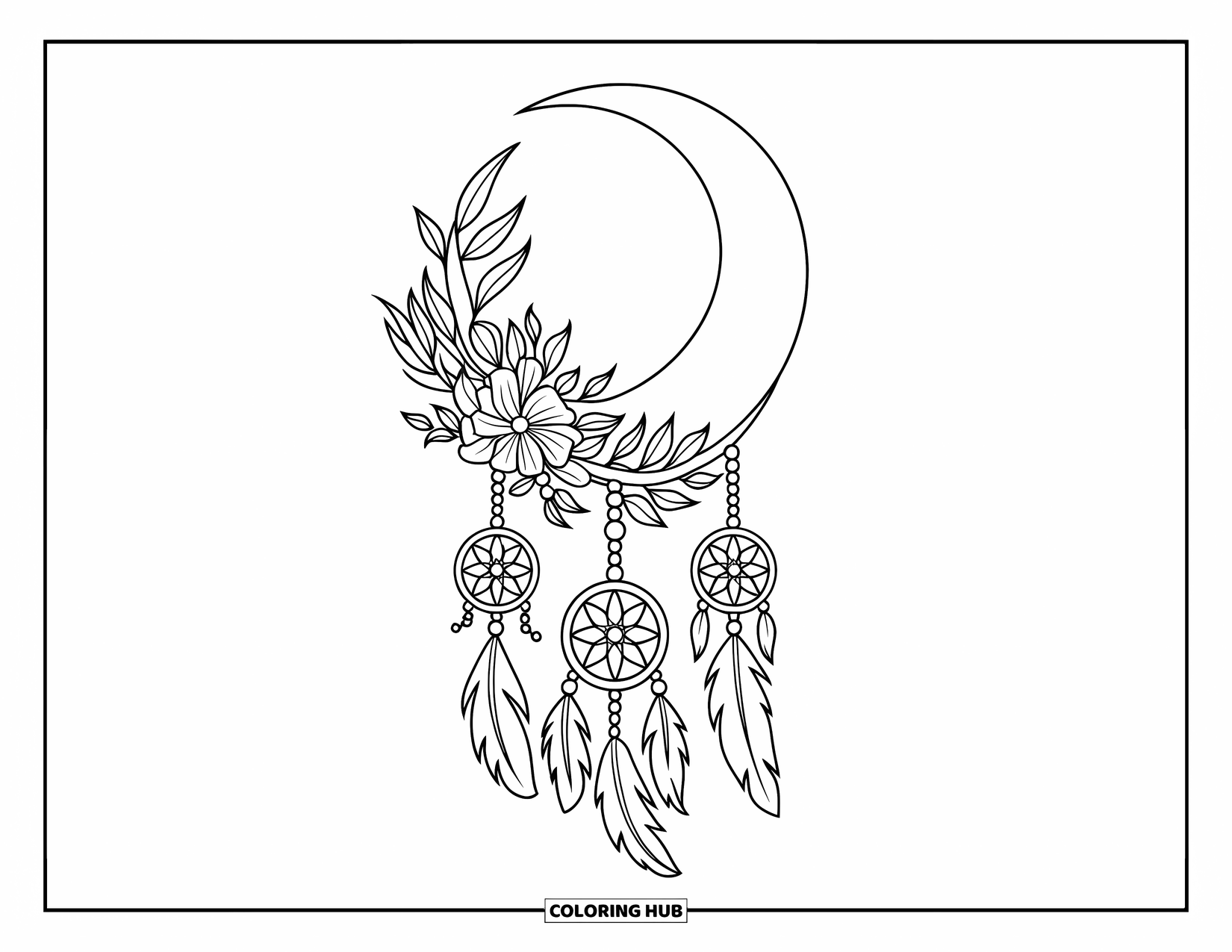 Moon Dream Catcher Coloring Page for Kids: A dream catcher hangs from a moon under a dreamy sky full of stars