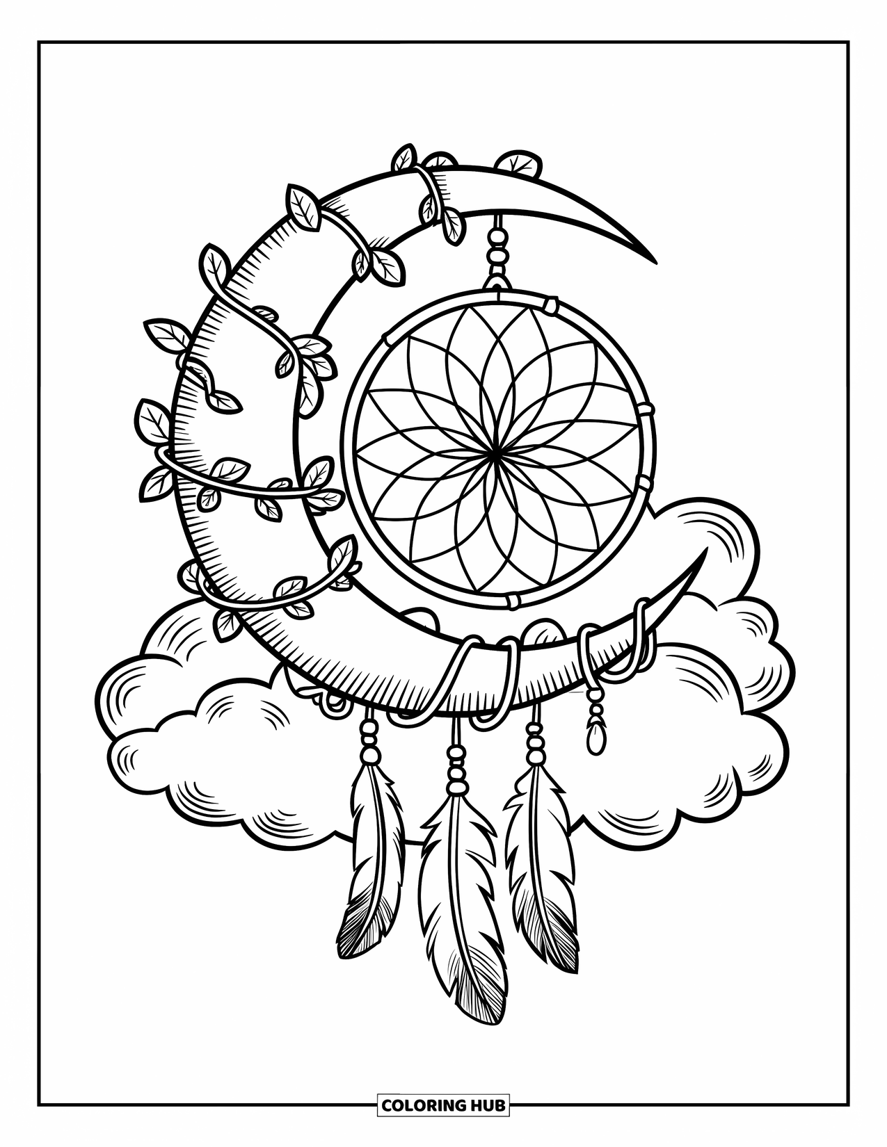 Moon Dream Catcher Coloring Page for Kids: A dream catcher with feathers hangs gently below a moon wrapped in vines