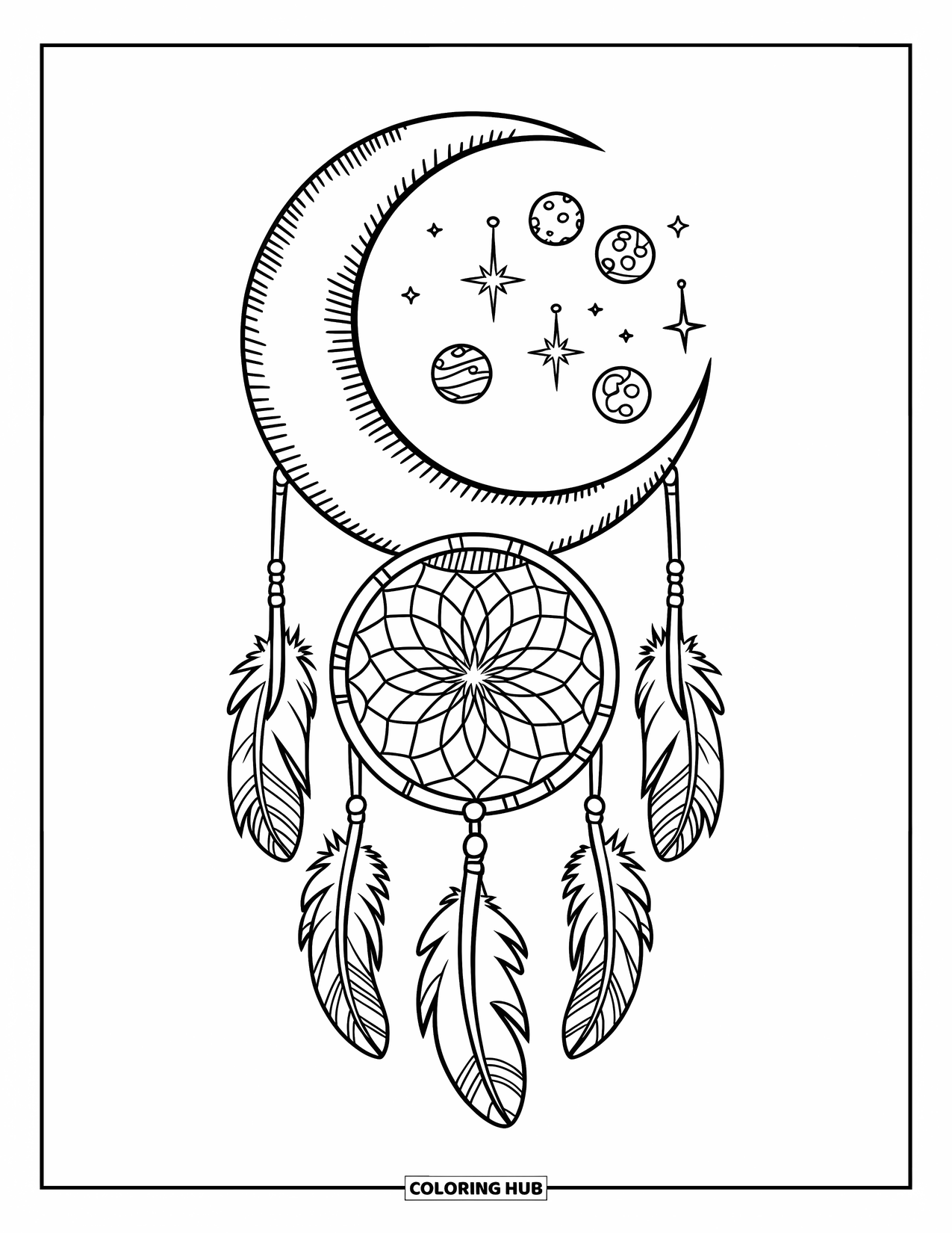 Moon Dream Catcher Coloring Page for Kids: A dream catcher with stars and planets hangs from a glowing crescent moon