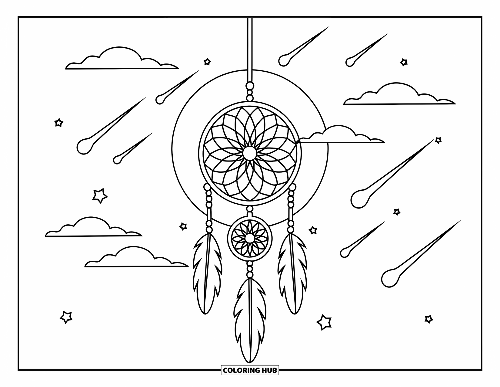 Moon Dream Catcher Coloring Page for Kids: A dreamy sky holds a dream catcher surrounded by clouds and falling stars