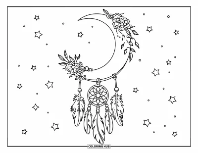 Desen de colorat cu prinzătoare de vise cu lună pentru copii: Un prinzător de vise floral se leagănă dintr-o semilună sub un cer senin