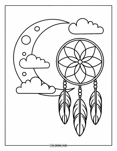 Desen de colorat cu prinzătoare de vise cu lună pentru copii: Un prinzător de vise geometric se odihnește sub un nor pufos și o semilună strălucitoare
