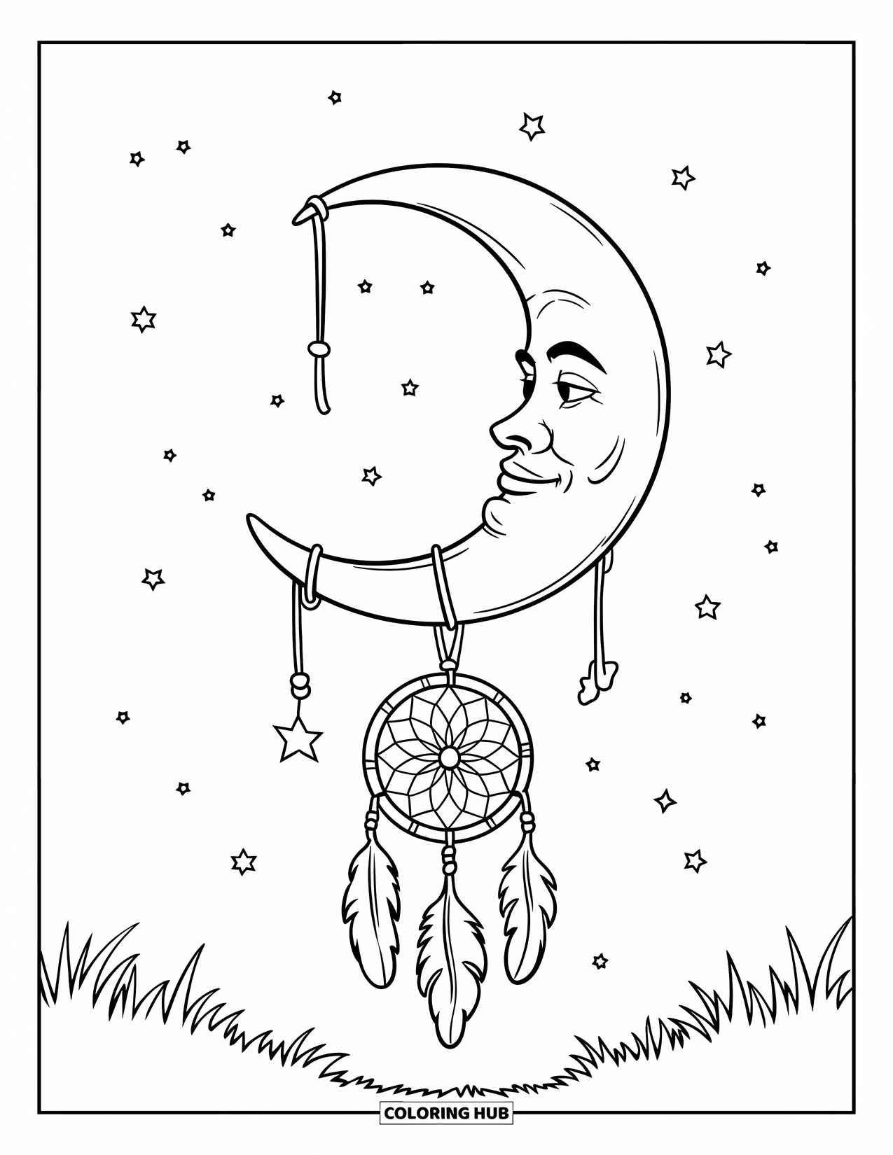 Moon Dream Catcher Coloring Page for Kids: A hammock-like moon gently holds a dream catcher under a calm, starry sky