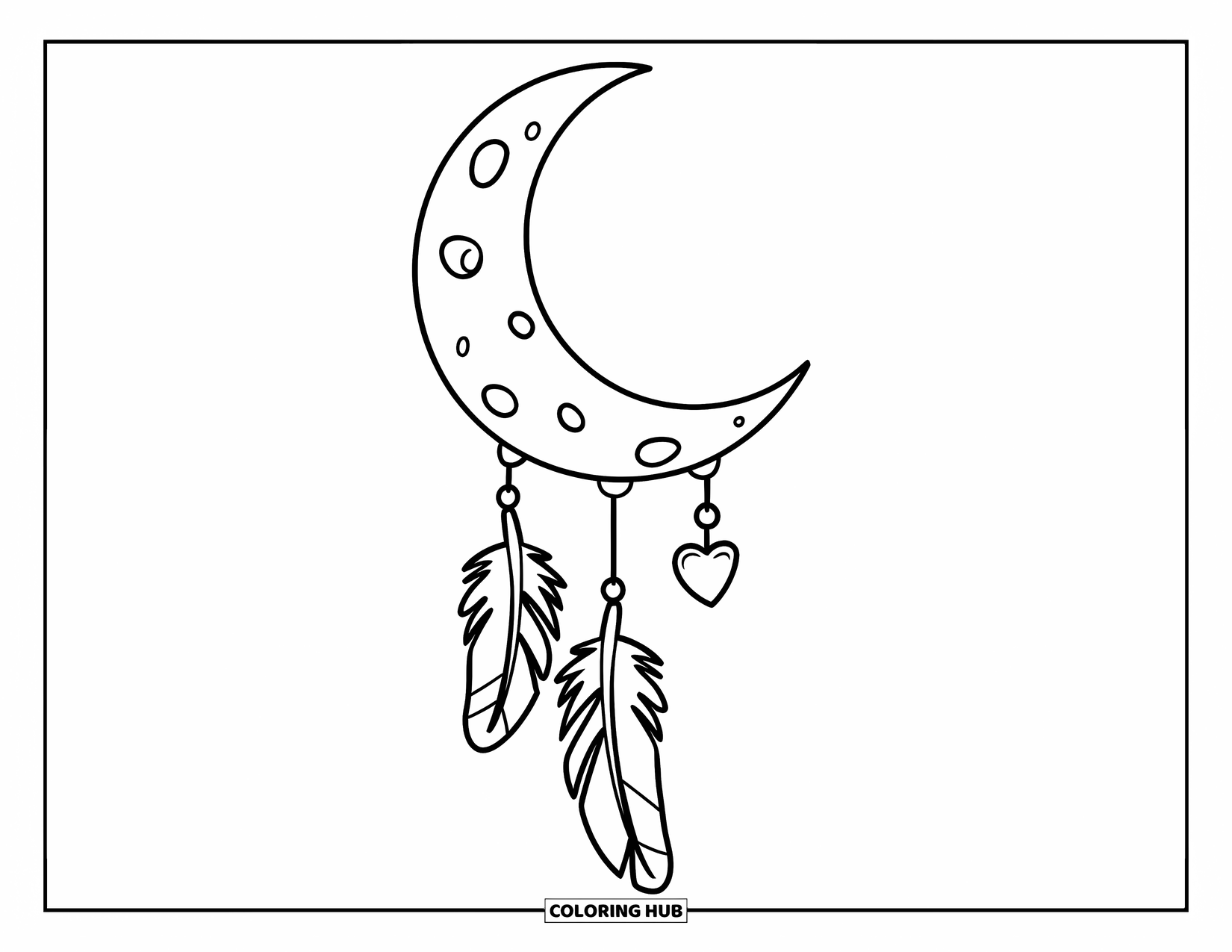 Moon Dream Catcher Coloring Page for Kids: A happy moon and feathers hang under puffy clouds in a peaceful sky