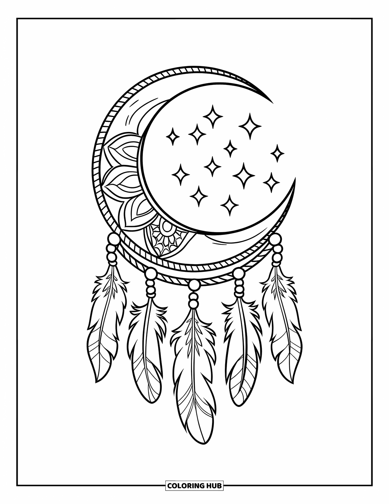 Moon Dream Catcher Coloring Page for Kids: A moon and stars surround a dream catcher with soft, flowing tassels