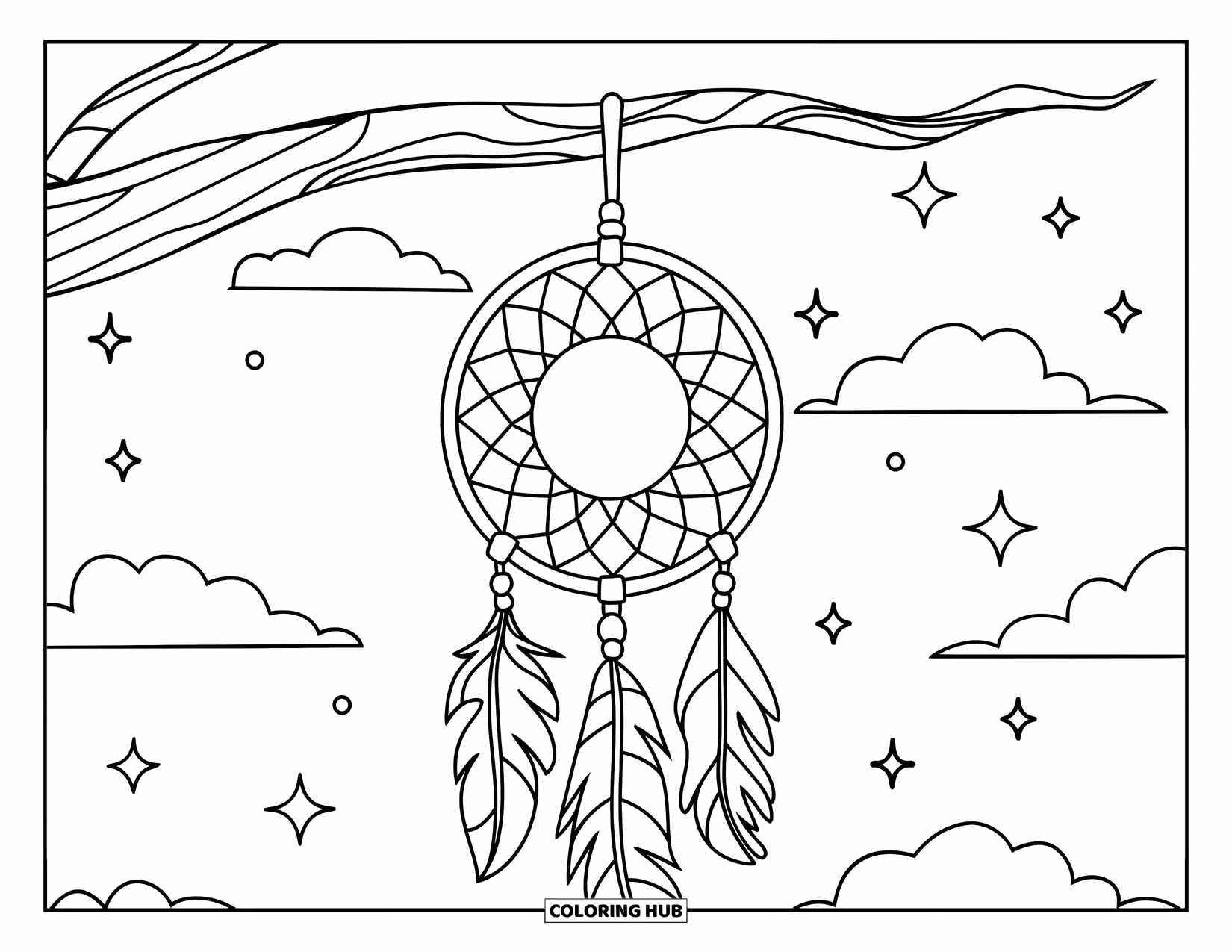 Moon Dream Catcher Coloring Page for Kids: A moon rests inside a dream catcher hung from a branch with stars above