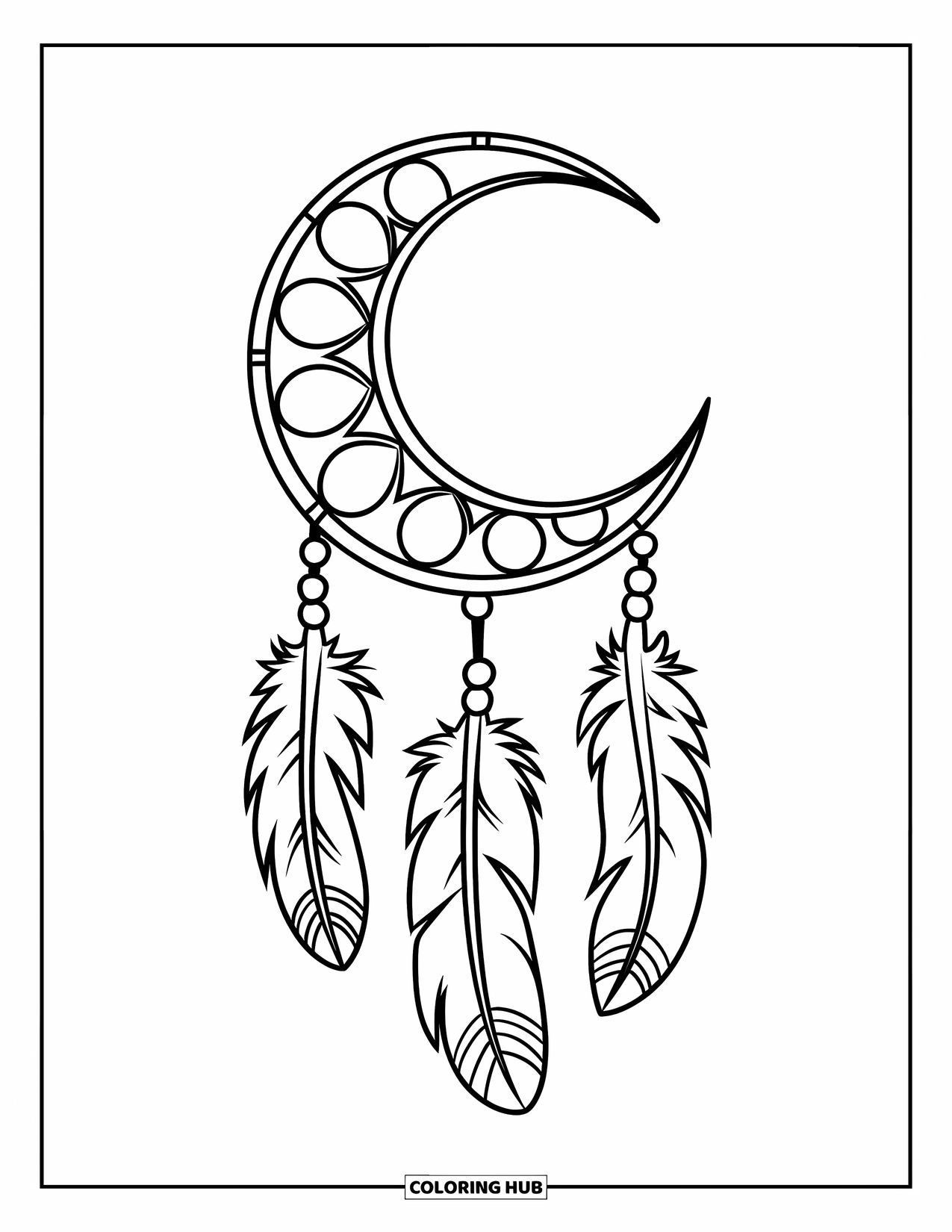 Moon Dream Catcher Coloring Page for Kids: A moon-shaped dream catcher holds three feathers with a circle design