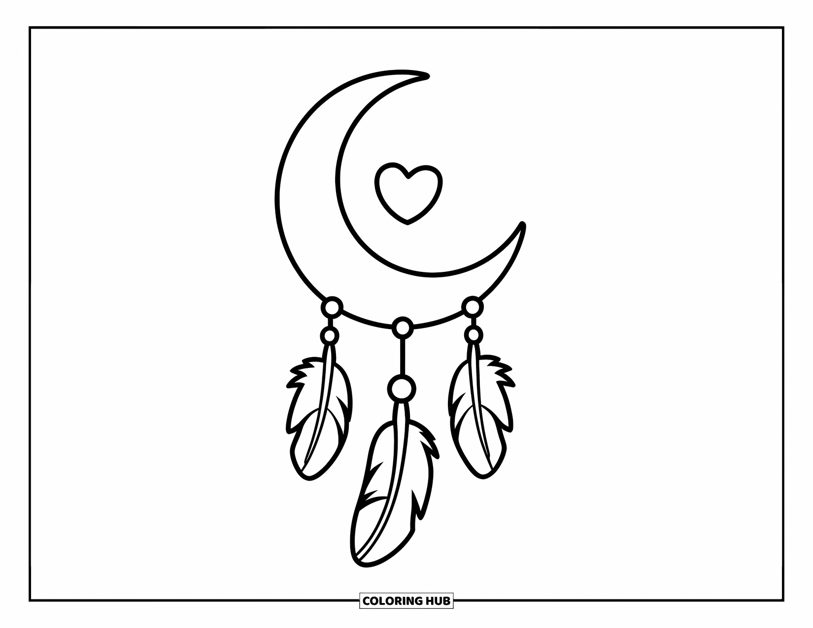 Moon Dream Catcher Coloring Page for Kids: A smiling moon dangles two feathers and a heart bead beneath