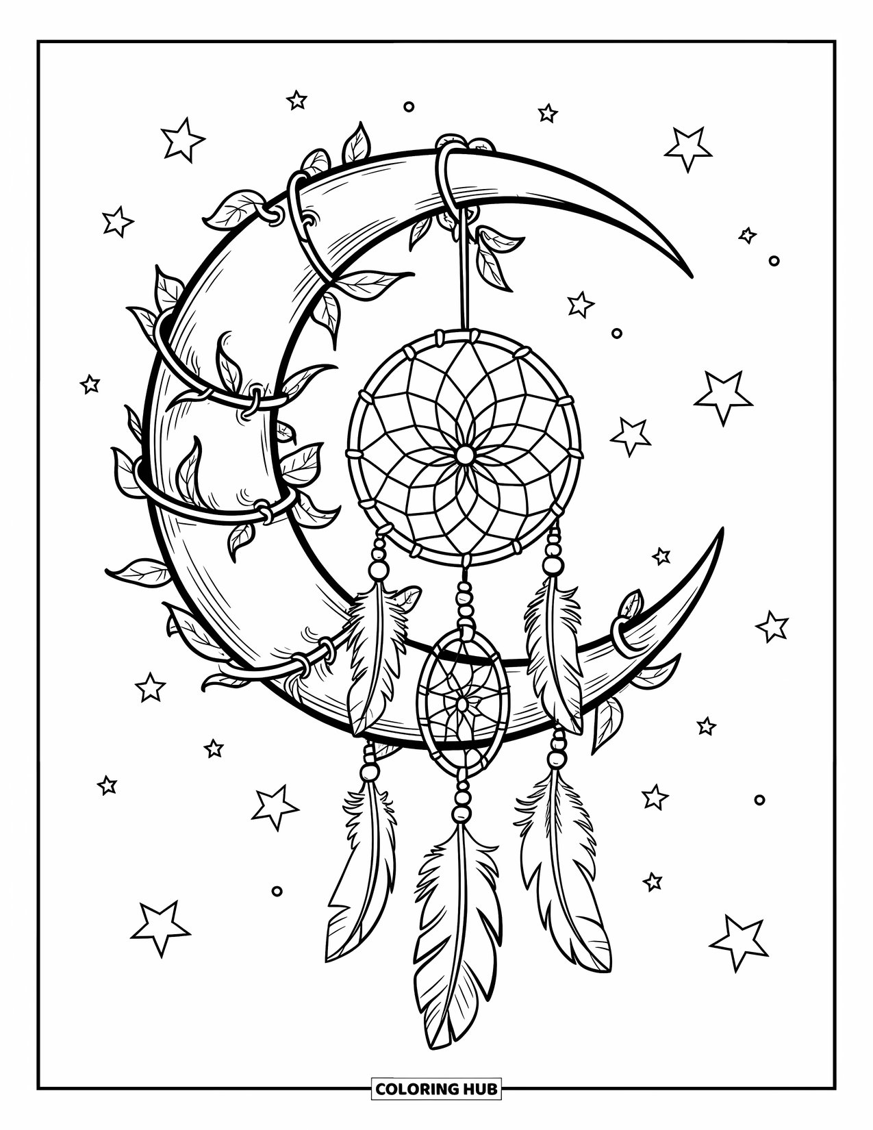 Moon Dream Catcher Coloring Page for Kids: A soft sky surrounds a moon with vines and a dream catcher of feathers