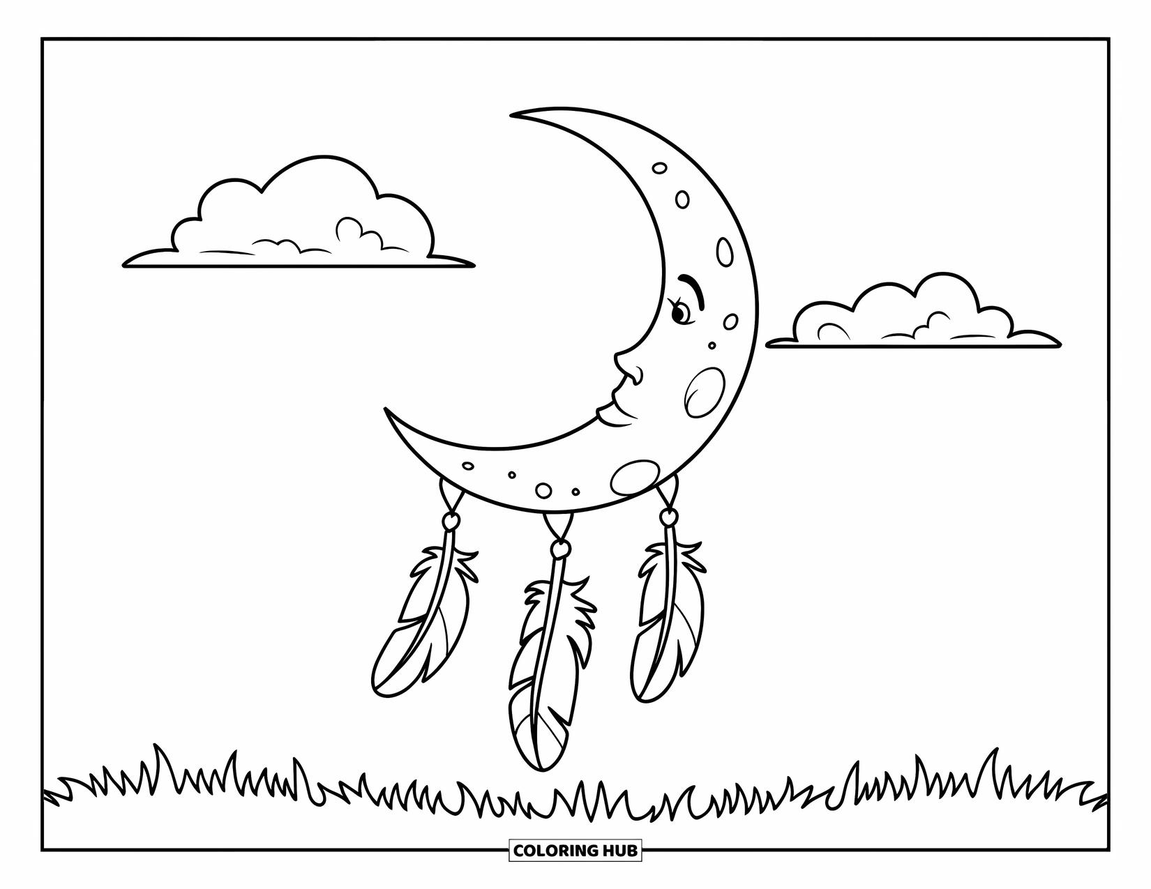 Moon Dream Catcher Coloring Page for Kids: A sweet moon with craters and feathers floats above a grassy field