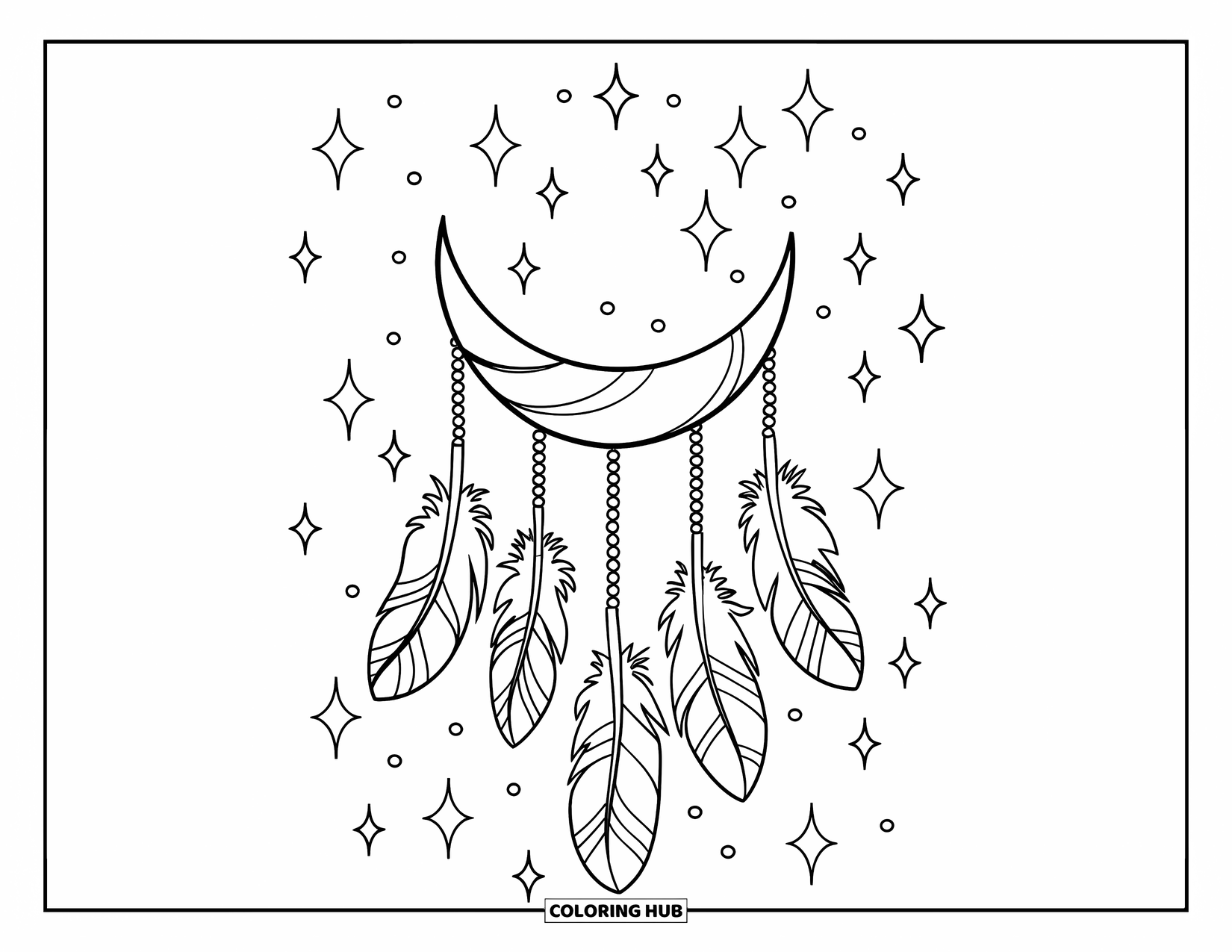 Moon Dream Catcher Coloring Page for Kids: A tiny moon floats above feathers, diamonds, and twinkling dots