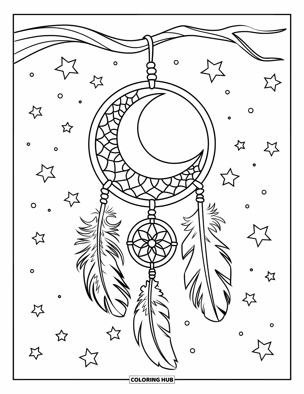Moon Dream Catcher Coloring Page for Kids: A tribal dream catcher with swirling feathers hangs under a quiet crescent moon
