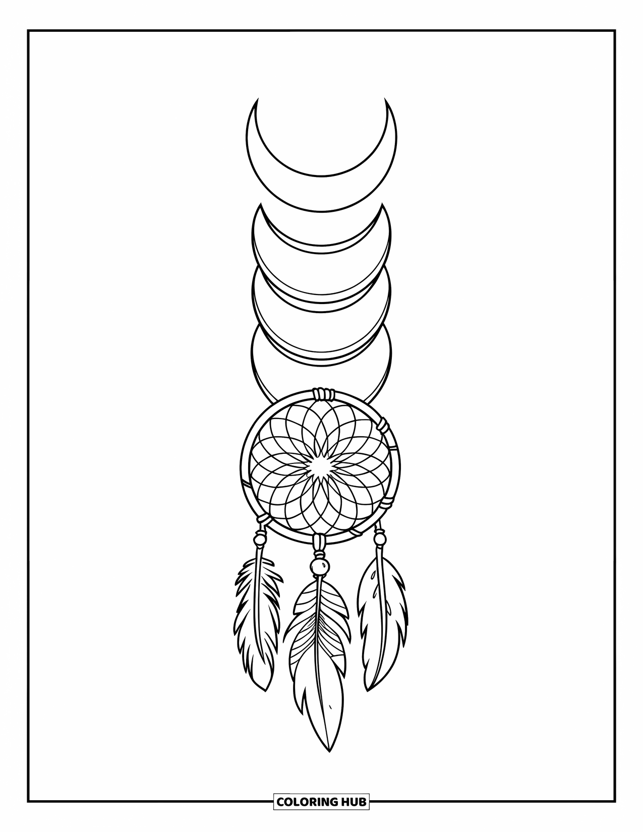 Moon Dream Catcher Coloring Page for Kids: A vertical moon phase display is woven with dream catchers and feathers