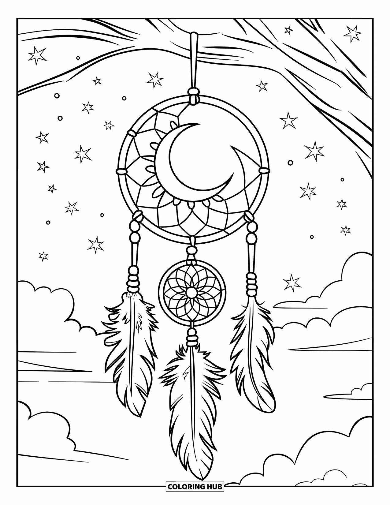 Moon Dream Catcher Coloring Page for Kids: Feathers flow under a tribal hoop as stars twinkle in the background