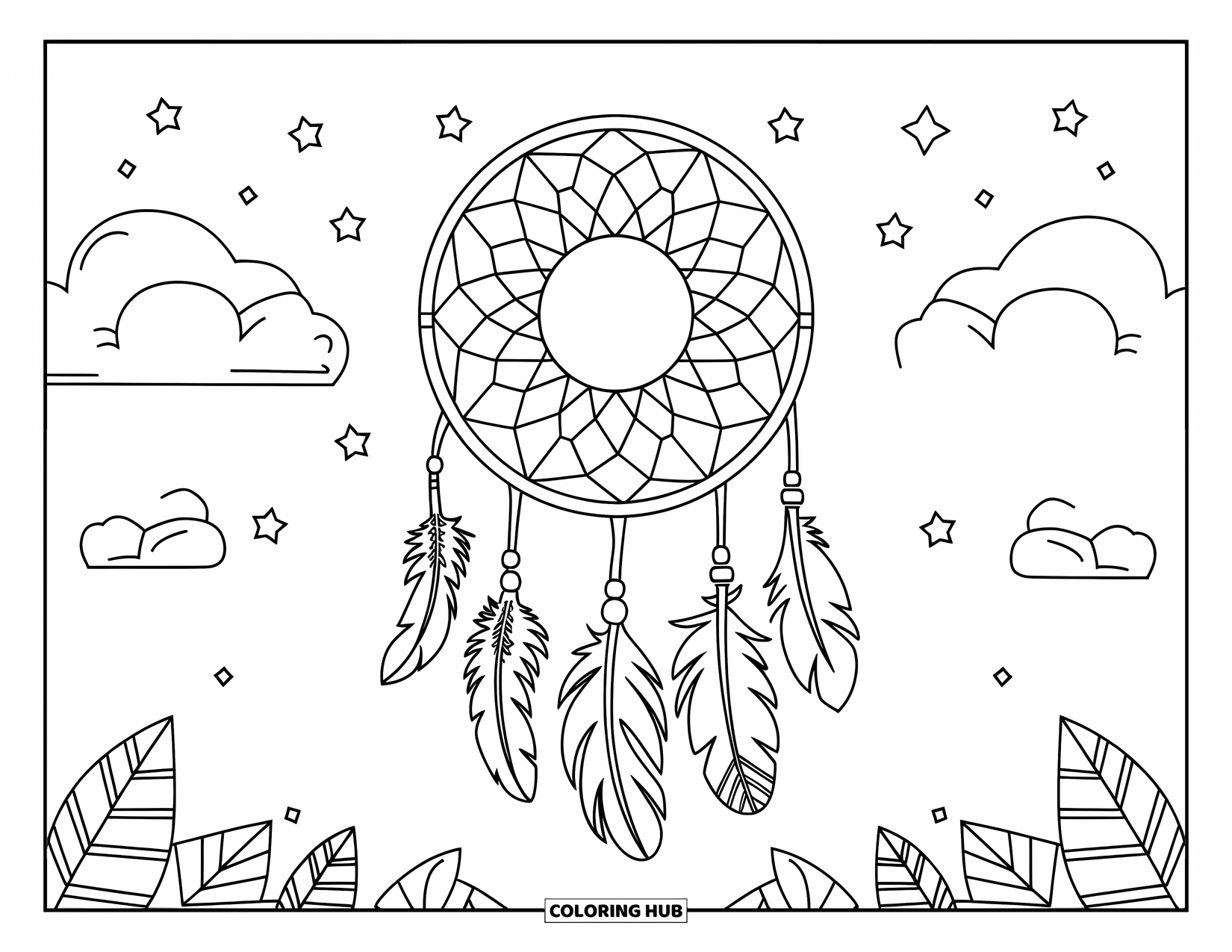 Moon Dream Catcher Coloring Page for Kids: Feathers sway under a dream catcher that holds a moon and floating clouds