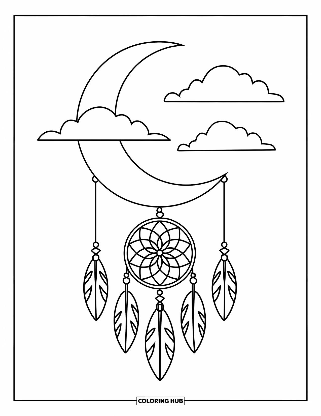 Moon Dream Catcher Coloring Page for Kids: Geometric lines shape a dream catcher below a cloud and half-moon