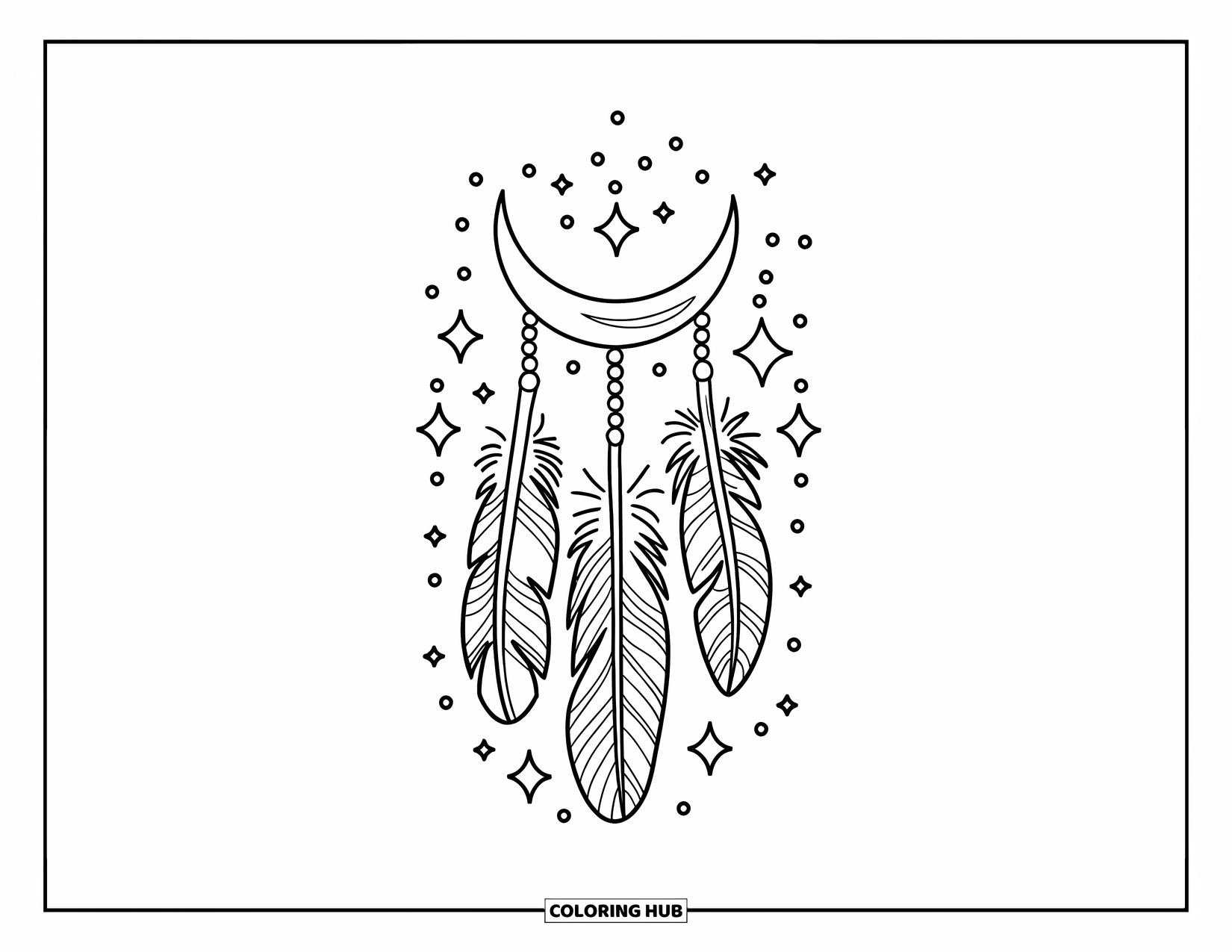 Moon Dream Catcher Coloring Page for Kids: Two bold feathers hang from a small moon in a quiet, starry sky
