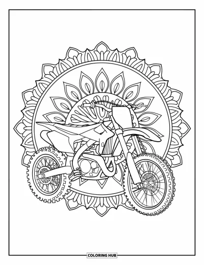 Motocross-tegning til voksne: En cykel indrammet af blomstermandalamønstre med slyngplanter og blomster