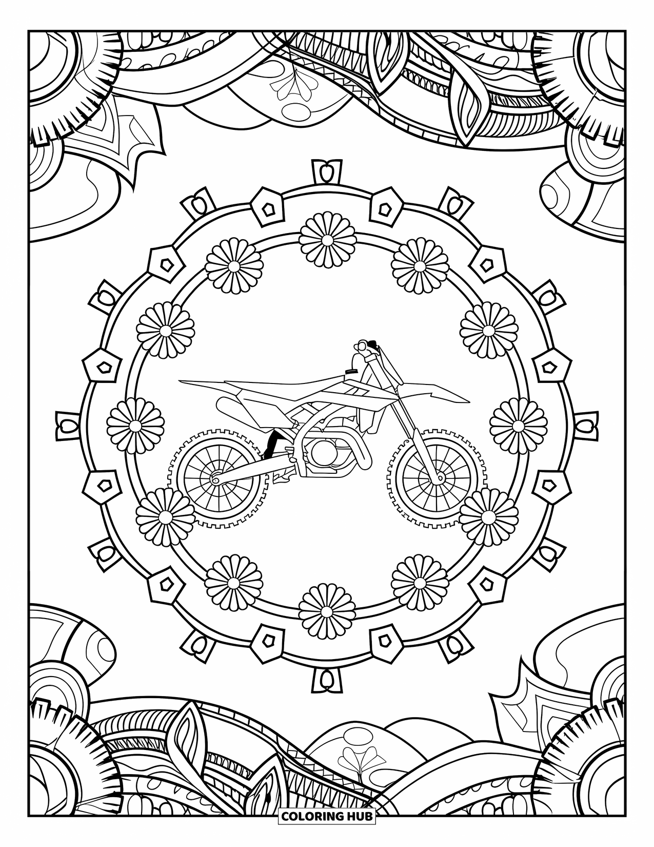Motocross Coloring Page for Adults: A bike framed by gears, flowers, and ornate mandala decorations