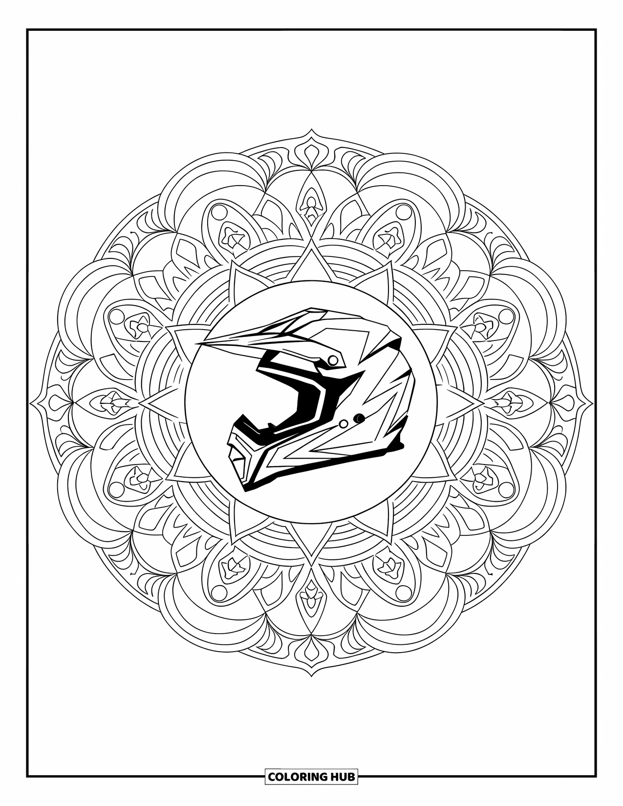 Motocross Coloring Page for Adults: A central motocross helmet surrounded by circular mandala patterns