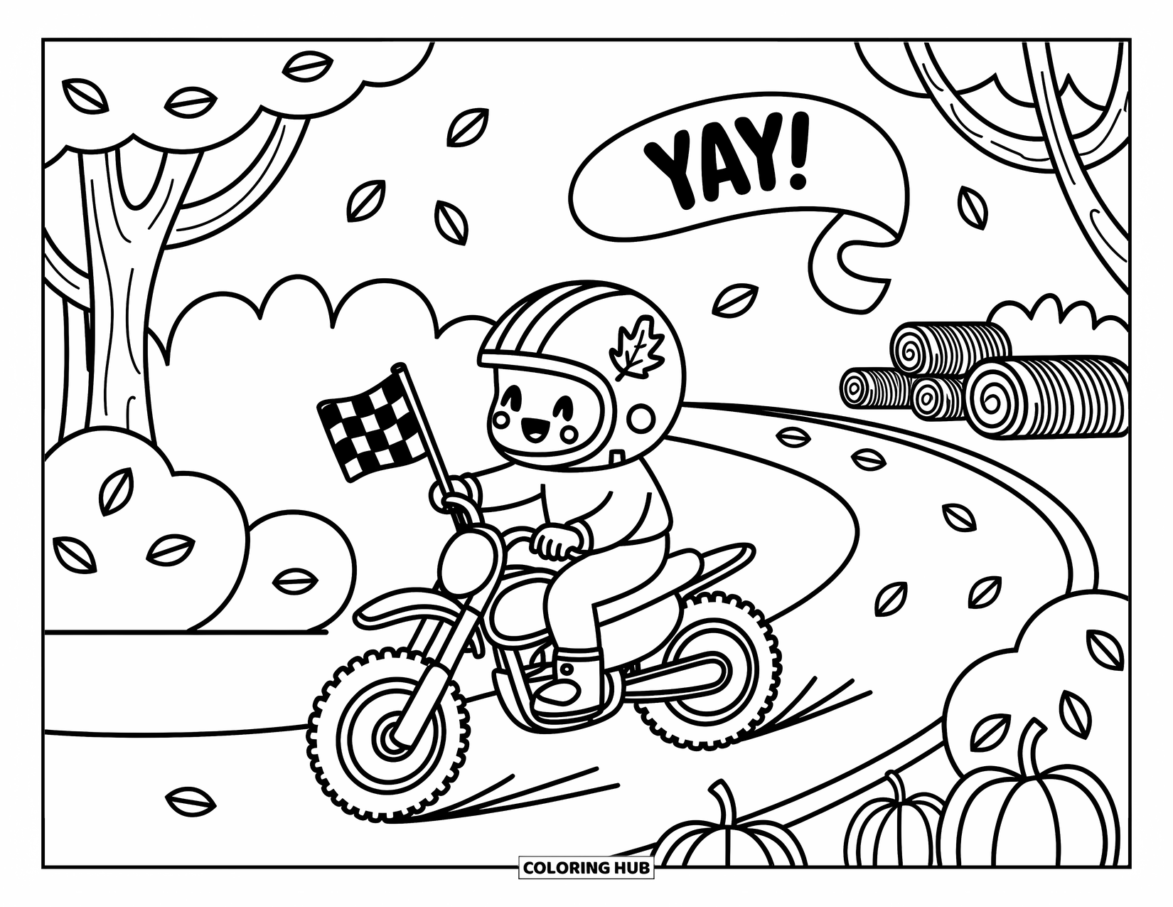 Motocross Coloring Page for Adults: A cute motocross rider celebrates with pumpkins on their bike and leaves swirling