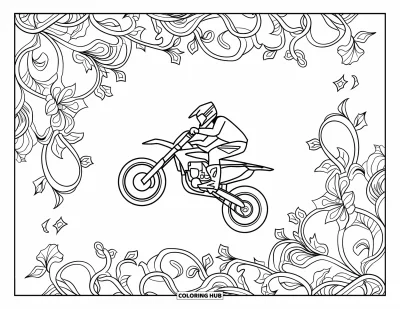 Motocross-tegning til voksne: En detaljeret cykel i spring med botaniske slyngplanter og blomster hvirvlende rundt