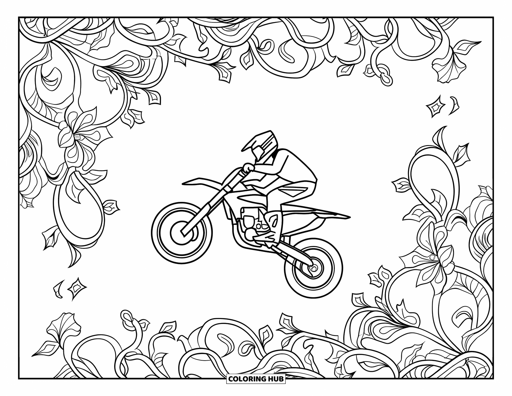 Motocross Coloring Page for Adults: A detailed bike in mid-jump with botanical vines and flowers swirling around
