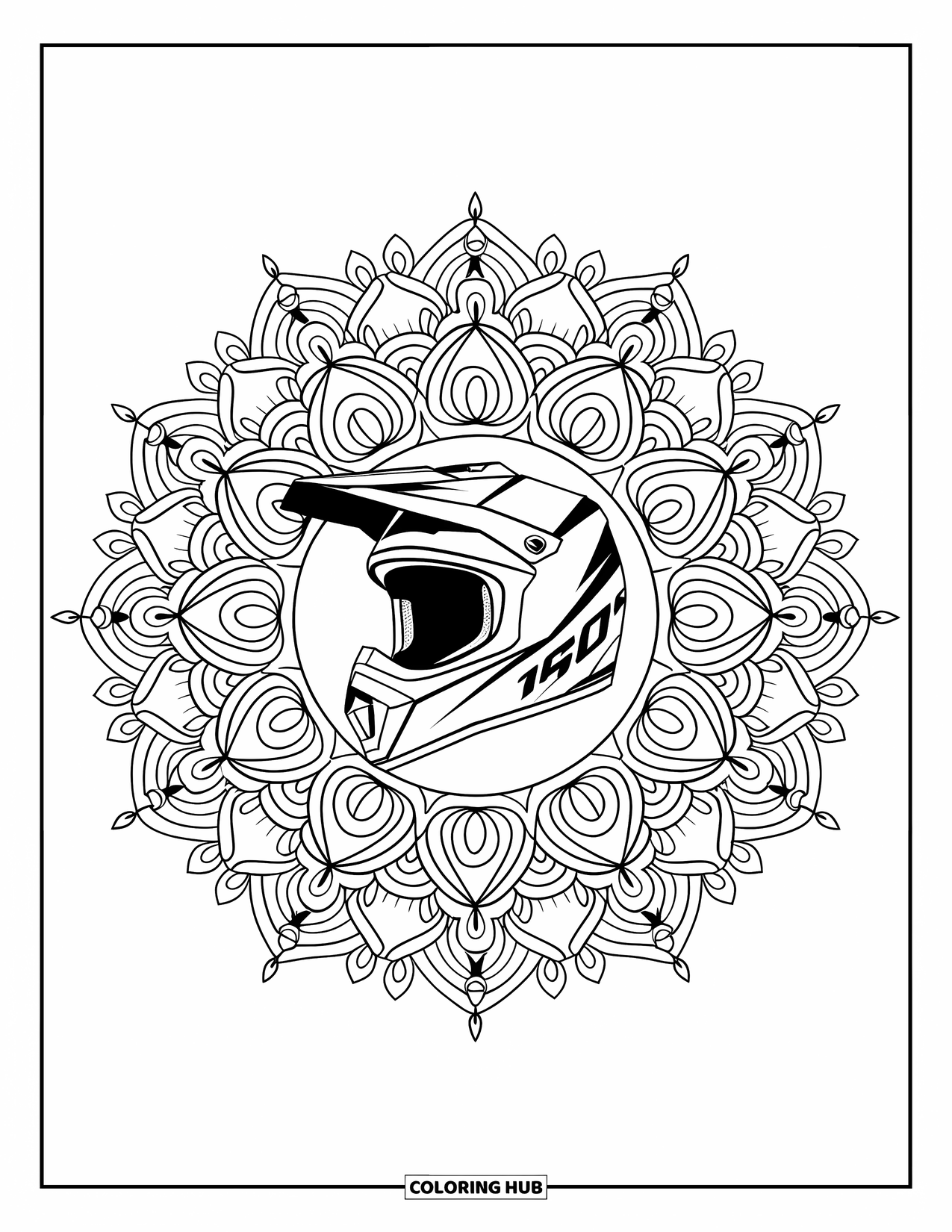Motocross Coloring Page for Adults: A detailed helmet inside an artistic mandala with bold outlines