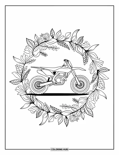 Motocross-tegning til voksne: En detaljeret motocrosscykel omgivet af blomstermandalamønstre