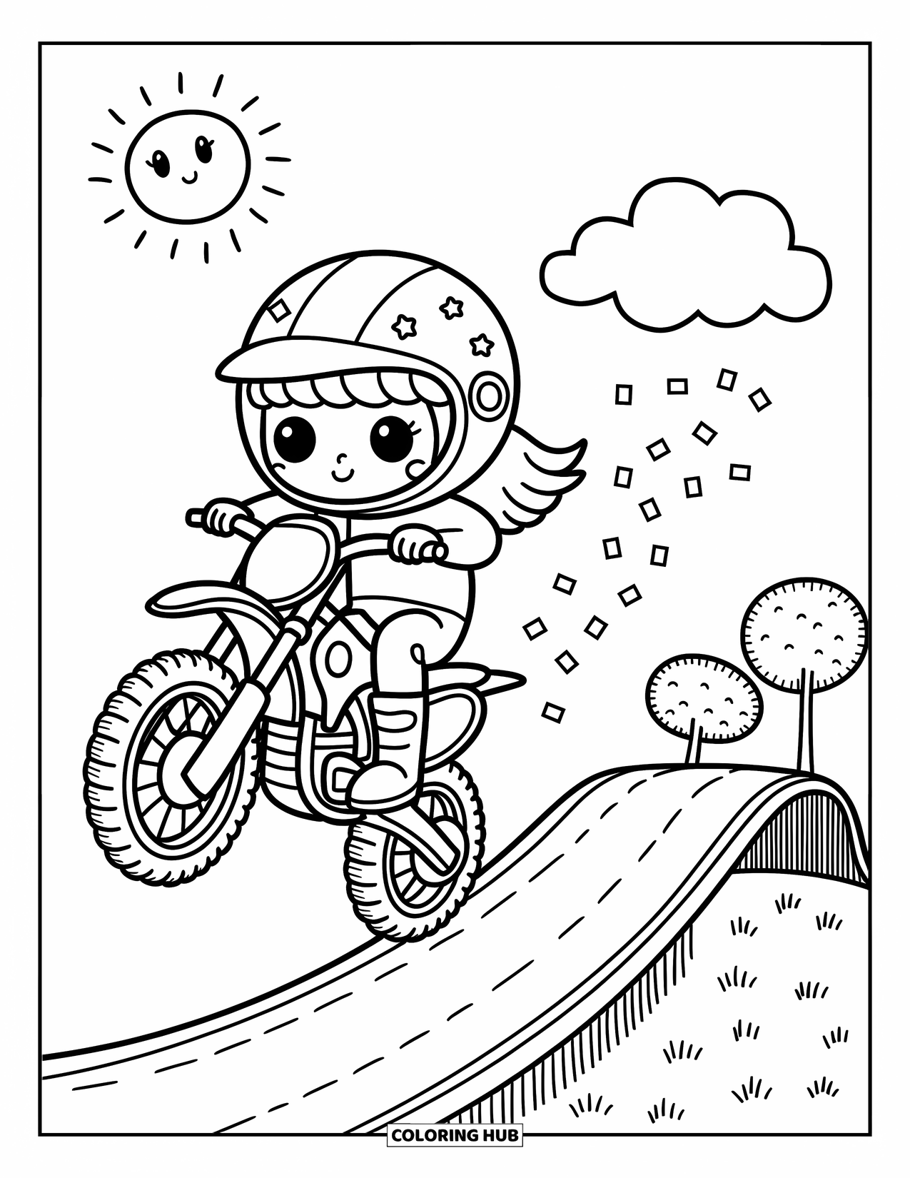 Motocross Coloring Page for Adults: A happy rider jumps high over a track with confetti floating behind