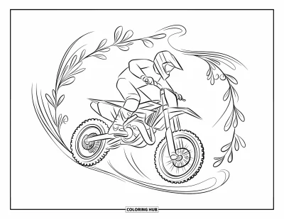 Motocross-tegning til voksne: En motocrosscykel i spring omgivet af hvirvlende botaniske slyng