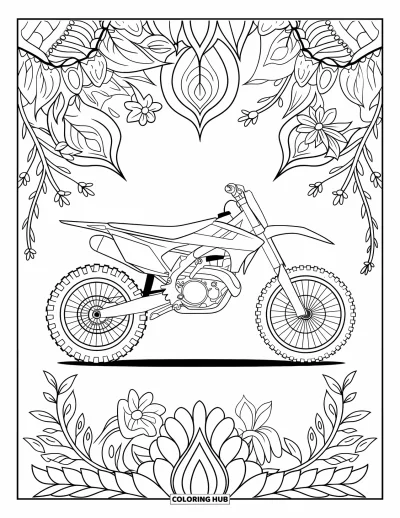Motocross-tegning til voksne: En motocrosscykel omringet af botaniske mandaladetajer og bladmønstre